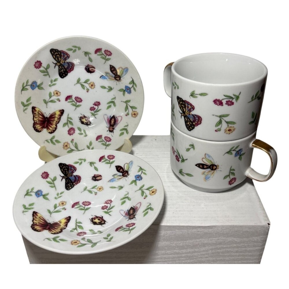 Teaopia Butterfly Tea Cup & Saucer Set of 2 Porcelain Bees Floral - Picture 2 of 13
